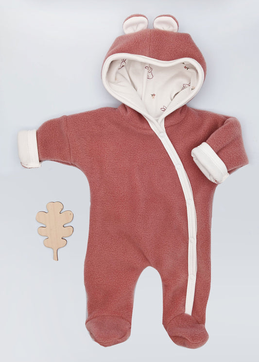 Tiny Baby Pramsuit - Fleece, Raspberry Pink with Rabbit Fabric Hood Tiny & Small