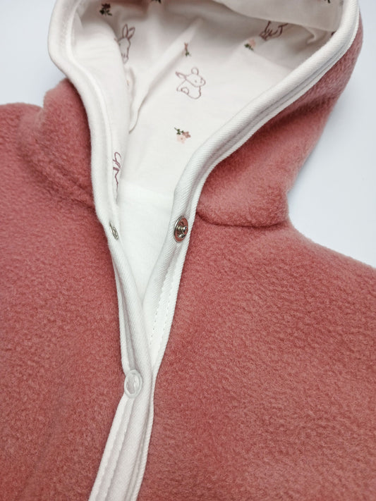 Tiny Baby Pramsuit - Fleece, Raspberry Pink with Rabbit Fabric Hood Tiny & Small