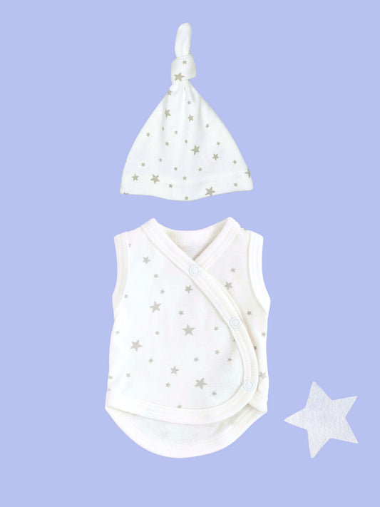 Incubator Vest & Knotted Hat Set Silver Stars, 100% Organic Cotton (1.5lb-3lb) Bodysuit / Vest Tiny & Small
