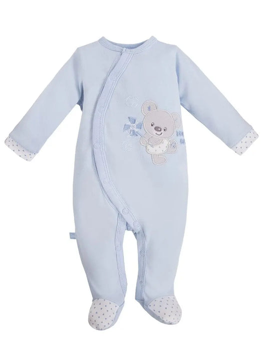 Early Baby Footed Sleepsuit, Embroidered Bear Design - Blue Sleepsuit / Babygrow EEVI