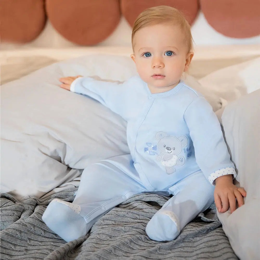 Early Baby Footed Sleepsuit, Embroidered Bear Design - Blue Sleepsuit / Babygrow EEVI