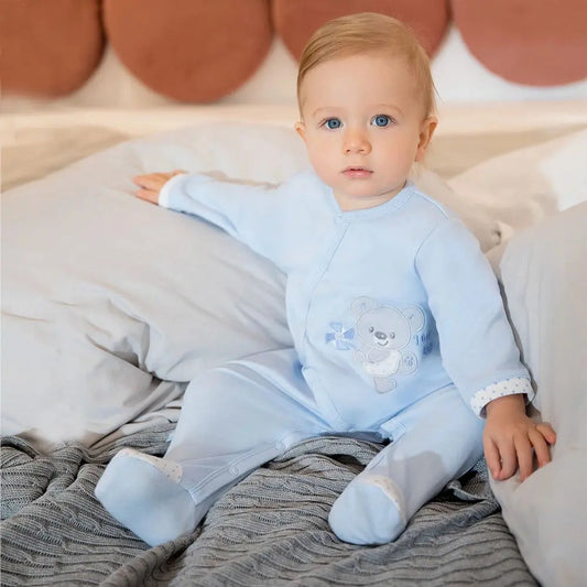 Early Baby Footed Sleepsuit, Embroidered Bear Design - Blue Sleepsuit / Babygrow EEVI