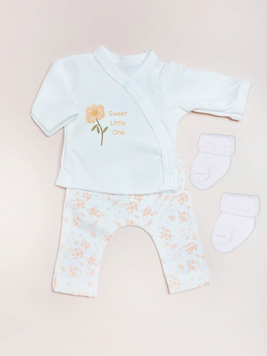 2 Piece Cream wrap top with 'Sweet Little One' Motif & Apricot Floral trouser set, Organic Cotton Top & Trousers Tiny & Small