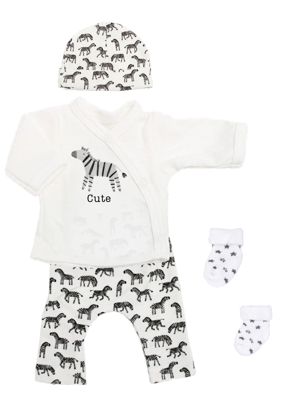 Organic Cotton Premature Baby Wrap Top, Trouser, Hat & Sock Set - 'Cute' Zebra Top & Trousers Tiny & Small
