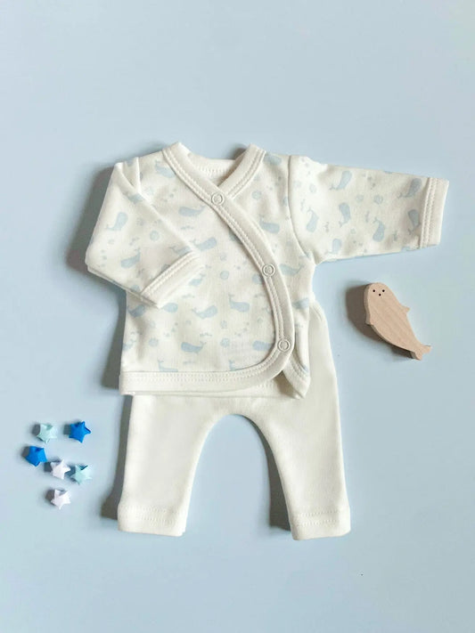 Premature Baby Set, Wrap top & trousers, Ocean Blue, Premium Organic Cotton Top & Trousers Tiny & Small
