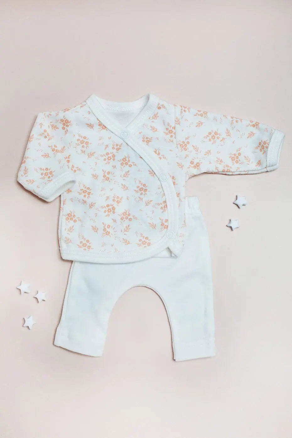 2 piece wrap top & trouser set, Apricot Floral , Organic Cotton Top & Trousers Tiny & Small