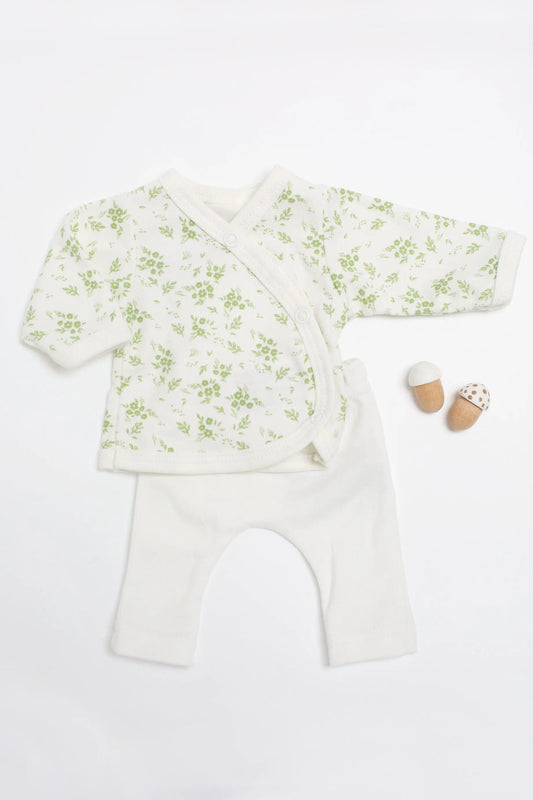 2 piece wrap top & trouser set. Apple Floral, Organic Cotton Top & Trousers Tiny & Small