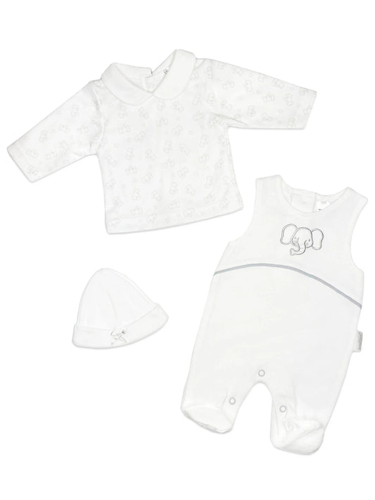 Elephant Dungaree, Long Sleeve Top & Hat - White Outift Tiny Chick