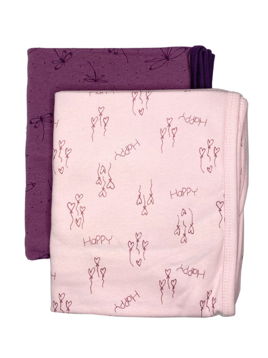 2 Pack, Organic Cotton Blankets, Pink Happy / Purple Dragonflies, 70 x 70 cm Blanket Pippi