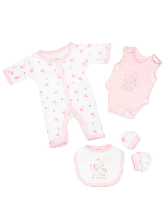Pink Elephant 4 Piece Set - Sleepsuit, Vest, Bib & Mitts Outift Tiny Chick