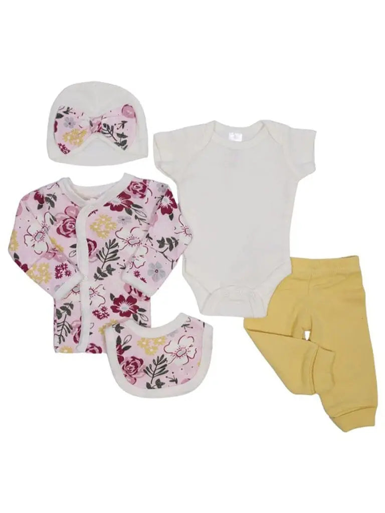 Floral Print 5 Piece Set - Vest, Top, Trousers, Bib & Hat Set Soft Touch