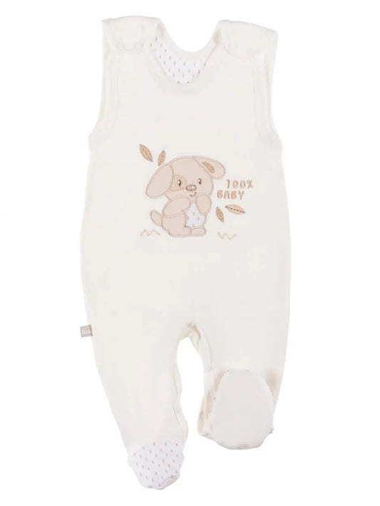 Early Baby Footed Dungarees, Embroidered Puppy Design - Cream Dungaree EEVI