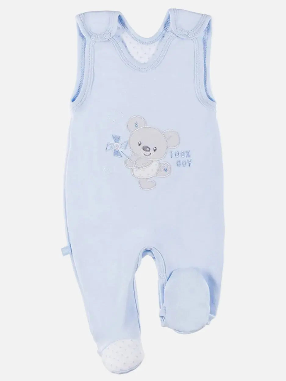 Early Baby Footed Dungarees, Embroidered Bear Design - Blue Dungaree EEVI