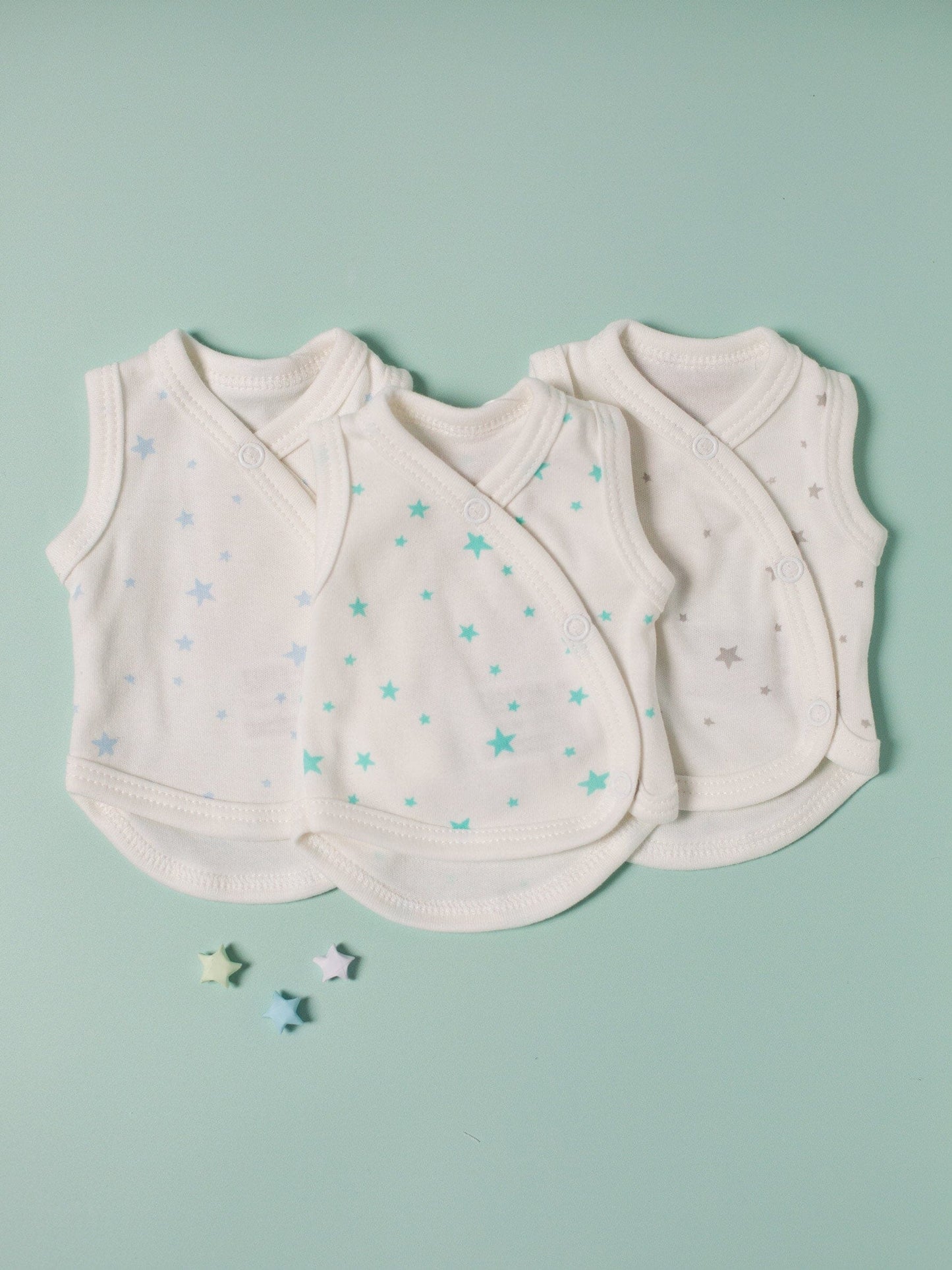 3 Pack - Star Incubator Vests - Blue, Mint & Silver Stars, 100% Organic Cotton Set/Multipack Tiny & Small