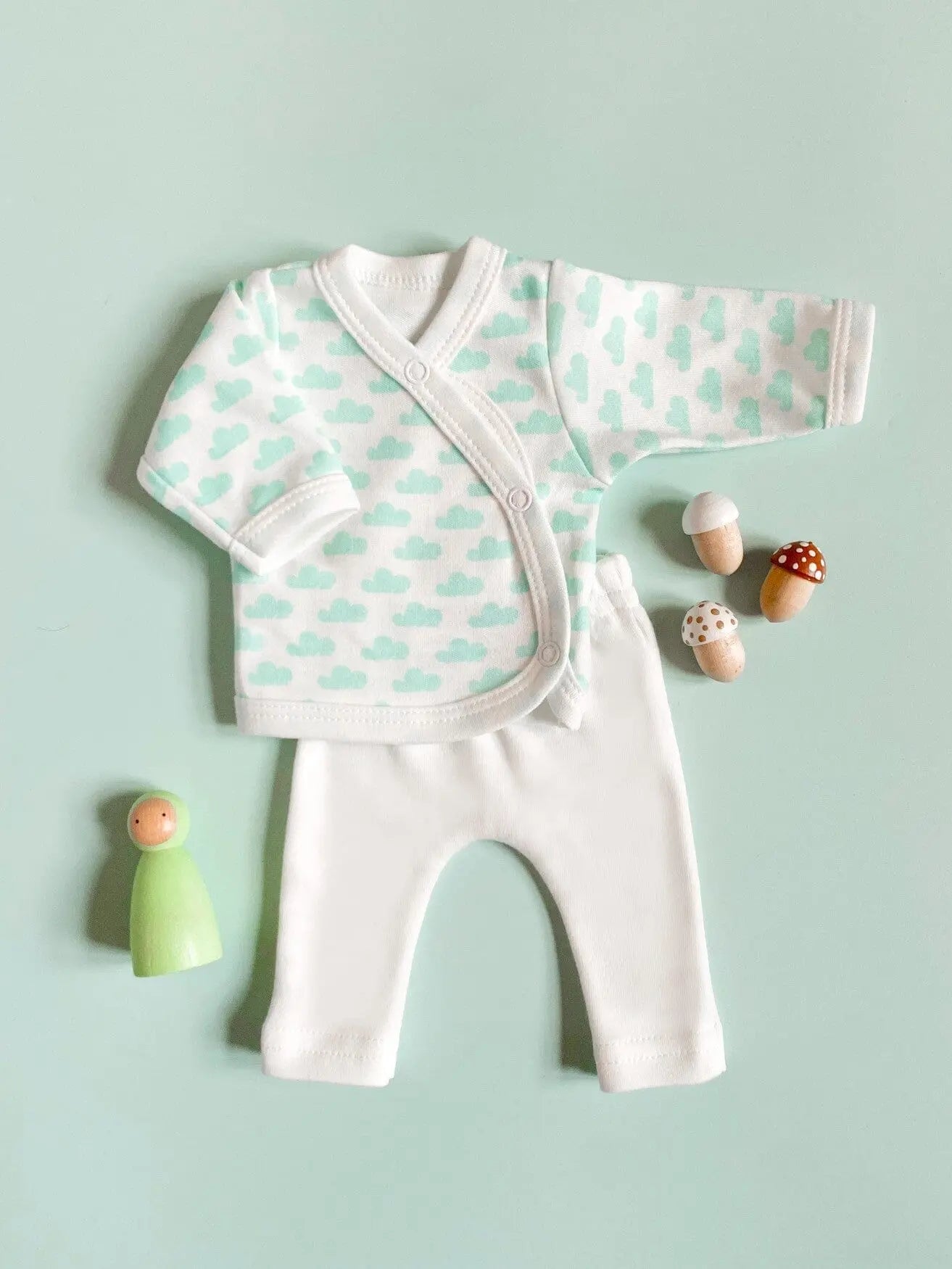 Premature Baby Set, Wrap Top & Trousers, Mint Cloud, 100% Organic Cotton Top & Trousers Tiny & Small