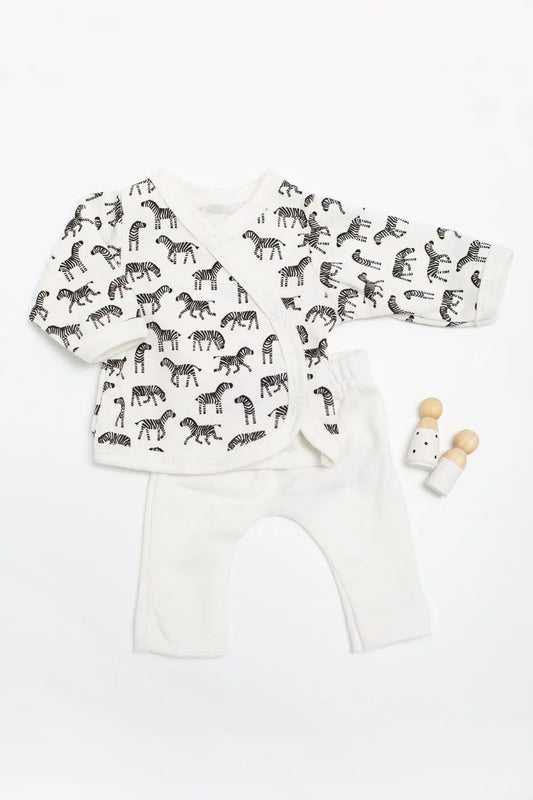 2 piece wrap top & trouser set, Little Zebras print, Organic Cotton Top & Trousers Tiny & Small