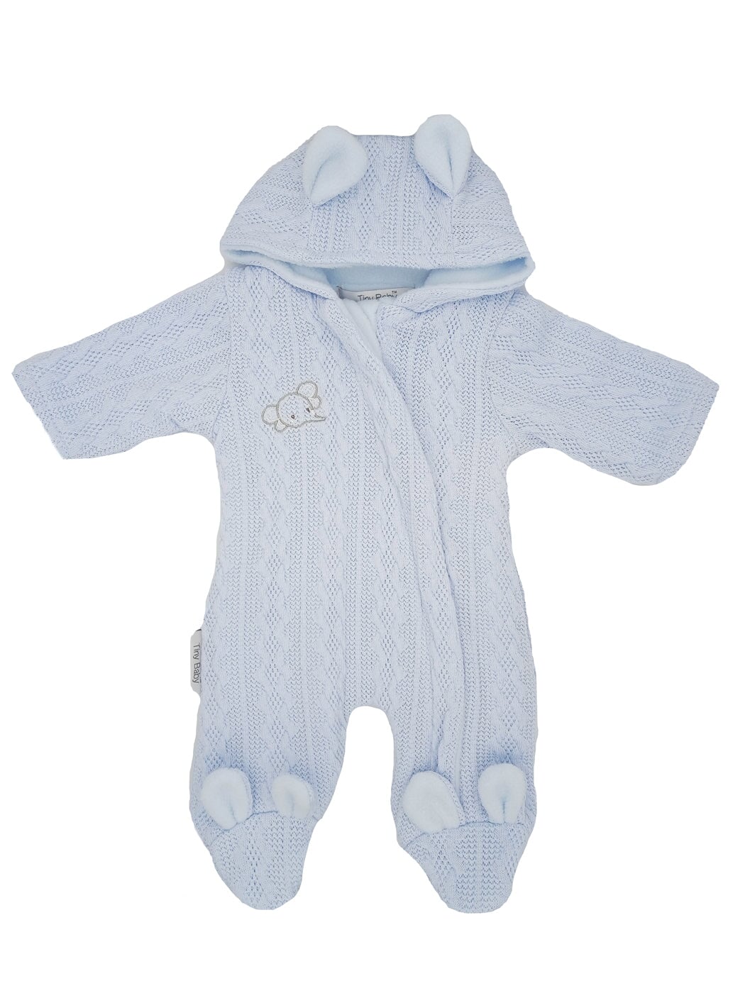 Tiny Baby Pramsuit With Bunny Ears Blue, Knitted