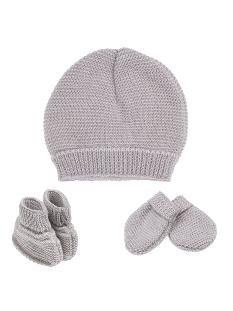 Knitted Hat Mittens Booties Set Grey