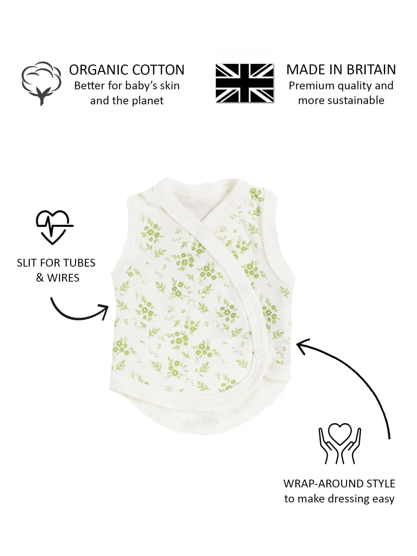 Incubator Vest, Apple Floral , Premium 100% Organic Cotton Bodysuit / Vest Tiny & Small