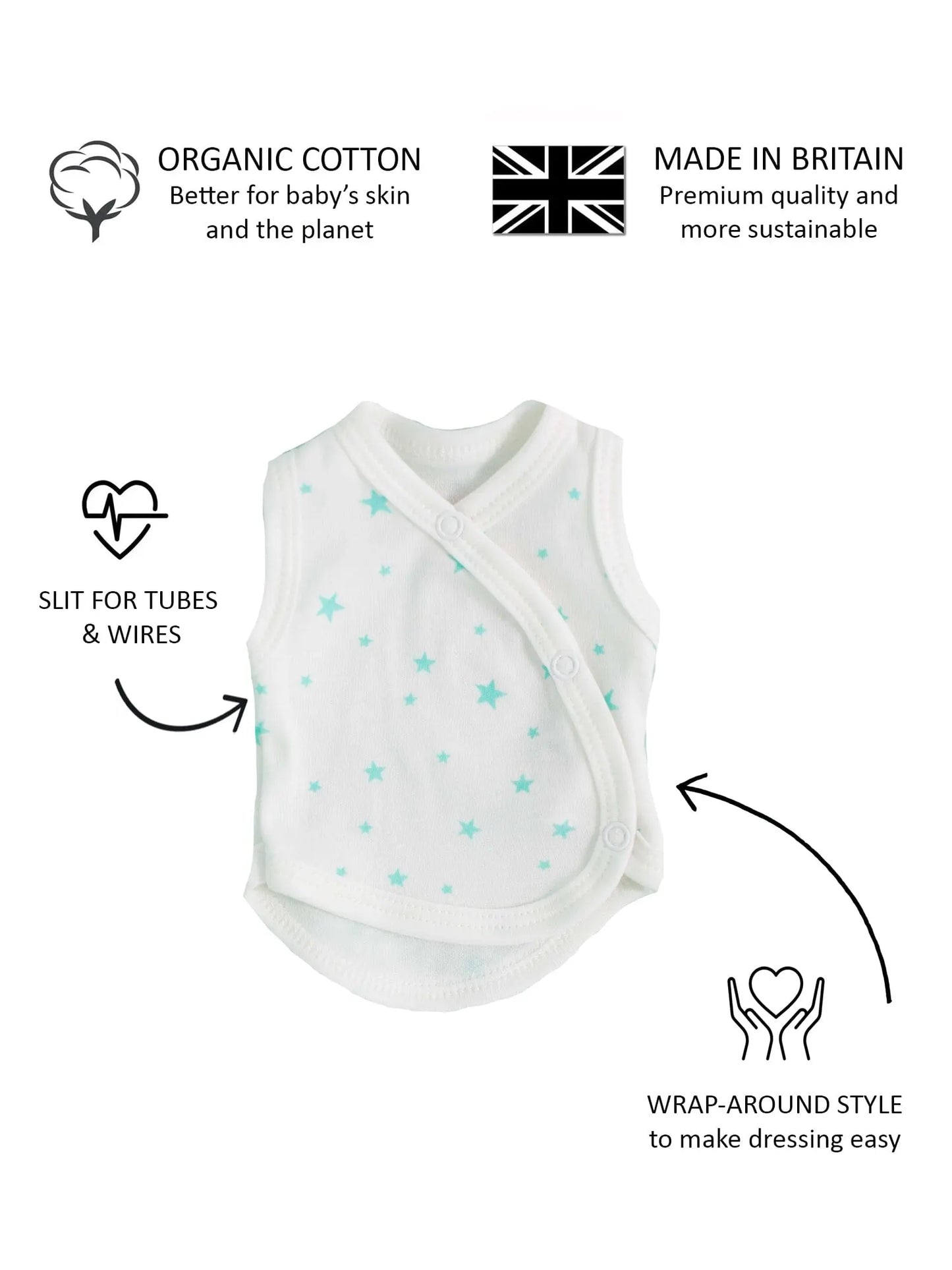 Incubator Vest, Mint Green Stars, Premium 100% Organic Cotton Bodysuit / Vest Tiny & Small