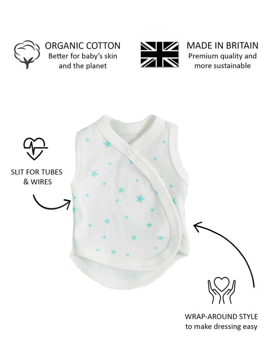 Incubator Vest, Mint Green Stars, Premium 100% Organic Cotton Bodysuit / Vest Tiny & Small