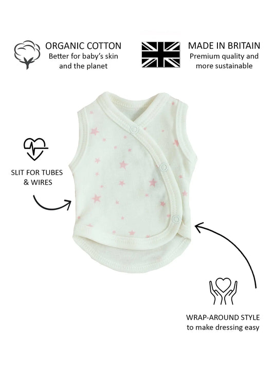 Incubator Vest, Pink Stars, Premium 100% Organic Cotton Bodysuit / Vest Tiny & Small