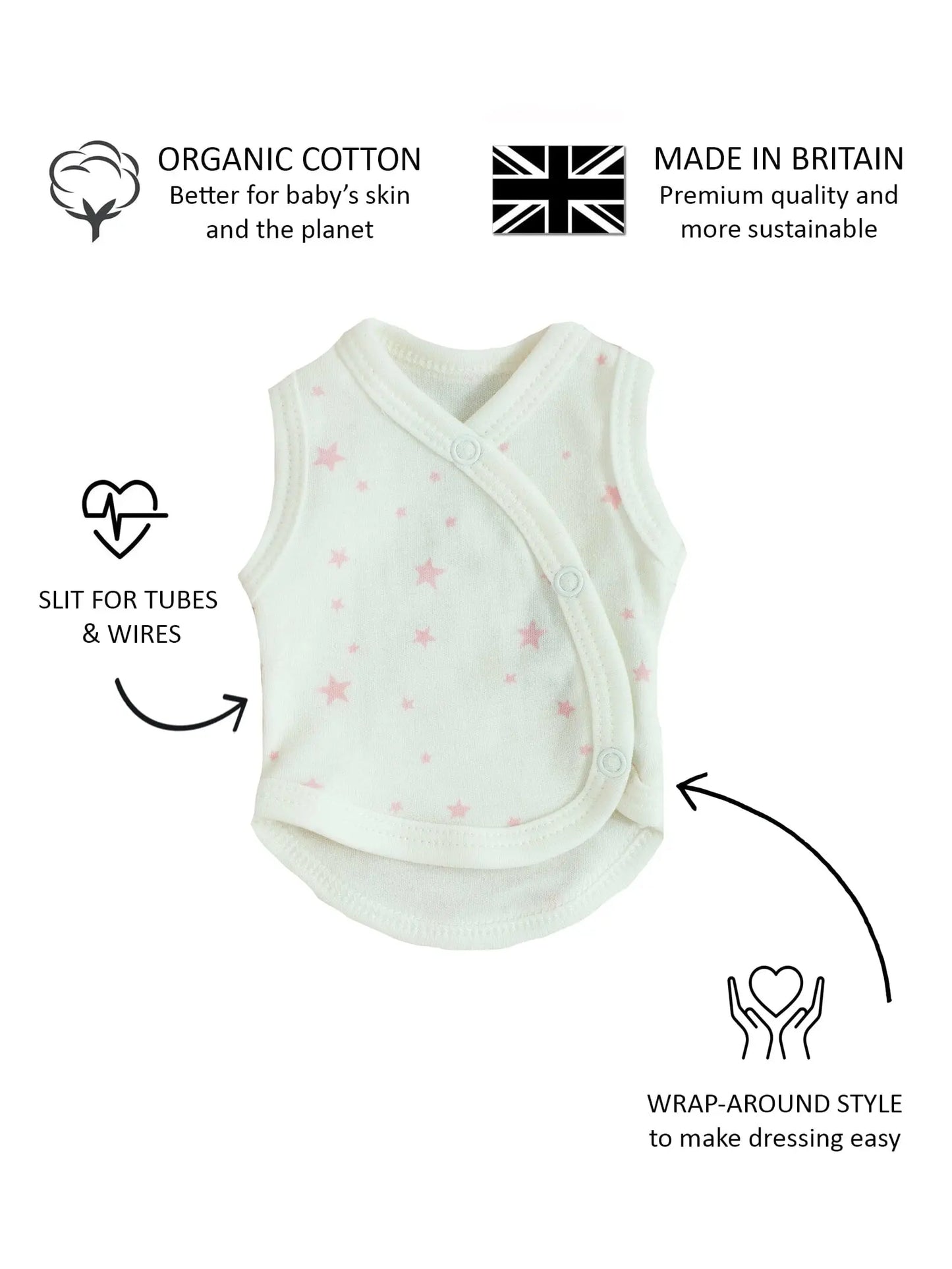 Incubator Vest, Pink Stars, Premium 100% Organic Cotton Bodysuit / Vest Tiny & Small