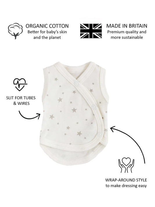Incubator Vest, Silver Stars, Premium 100% Organic Cotton Bodysuit / Vest Tiny & Small