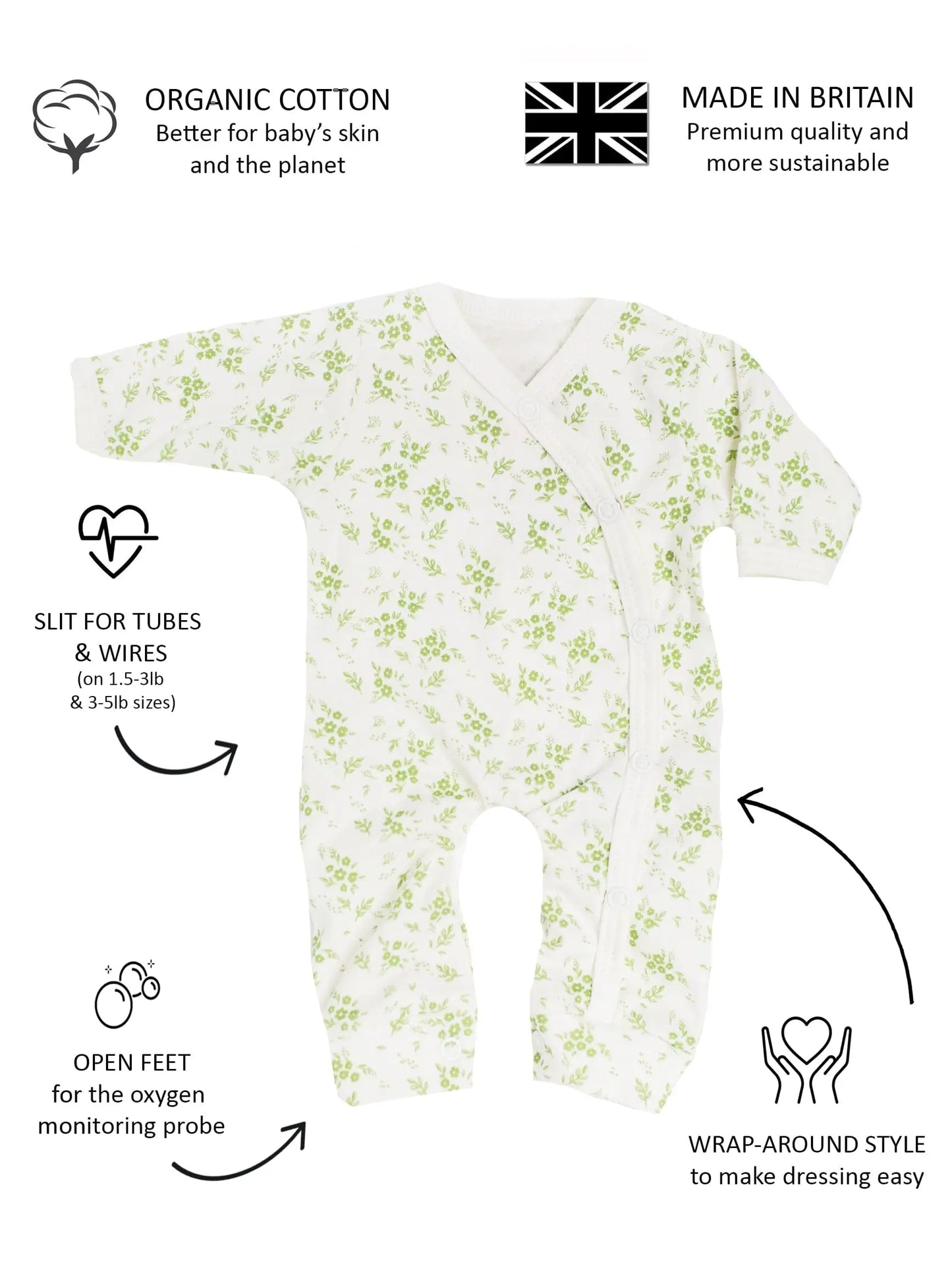 Preemie Girl Sleepsuit, Apple Floral, Premium 100% Organic Cotton Sleepsuit / Babygrow Tiny & Small