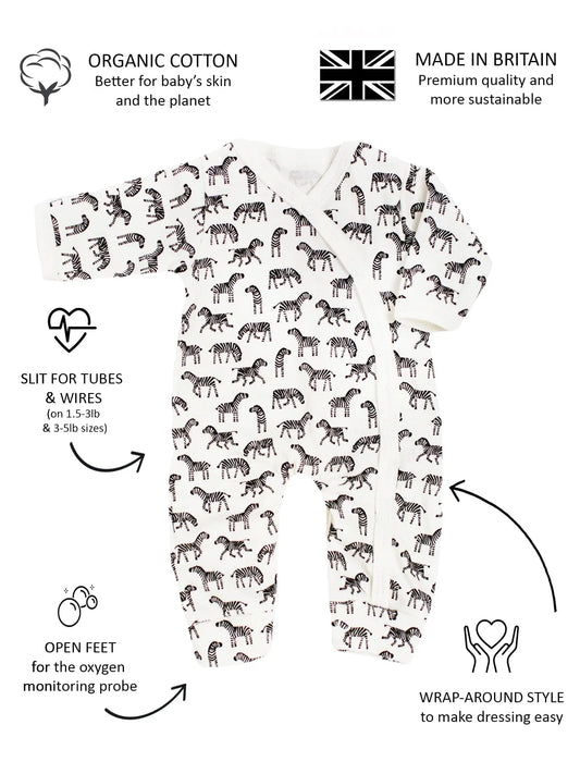 Premature Baby Sleepsuit, Zebras, 100% Organic Cotton Sleepsuit / Babygrow Tiny & Small