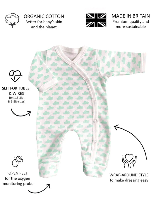 Sleepsuit, Mint Cloud, Premium 100% Organic Cotton Sleepsuit / Babygrow Tiny & Small