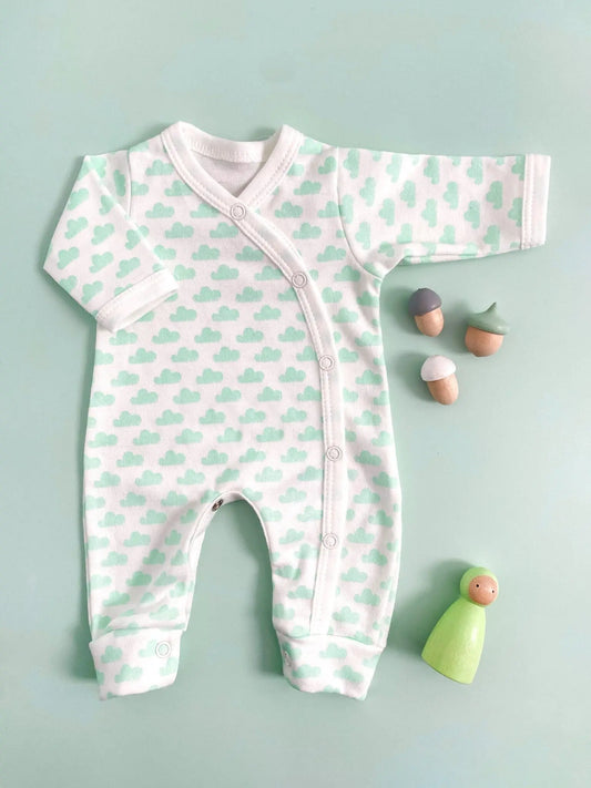Sleepsuit, Mint Cloud, Premium 100% Organic Cotton Sleepsuit / Babygrow Tiny & Small