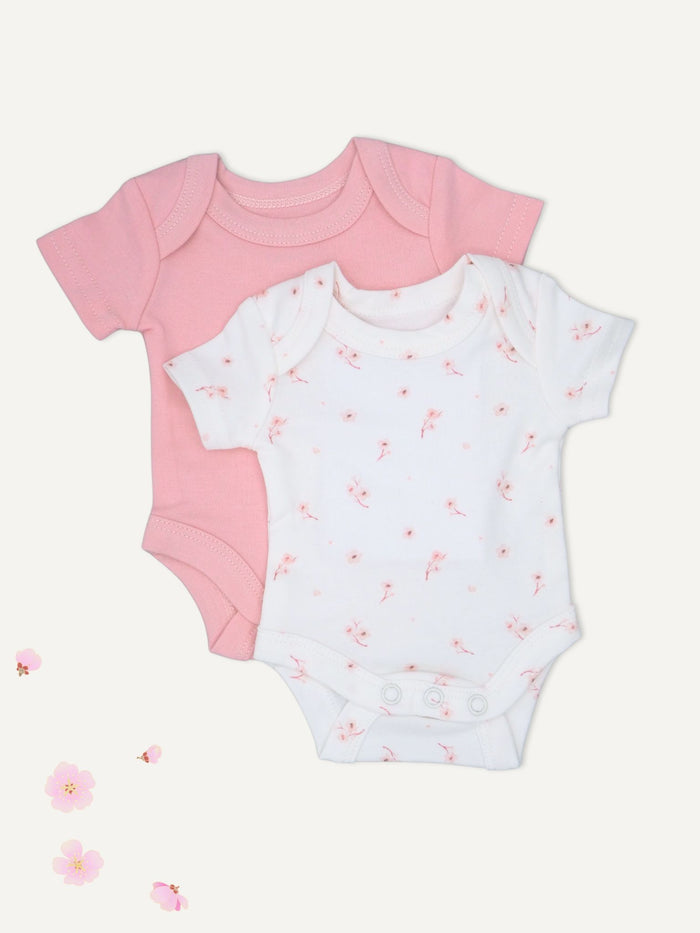 Cherry Blossom & Pink Tiny Baby Vest 2 Pack, Organic Cotton