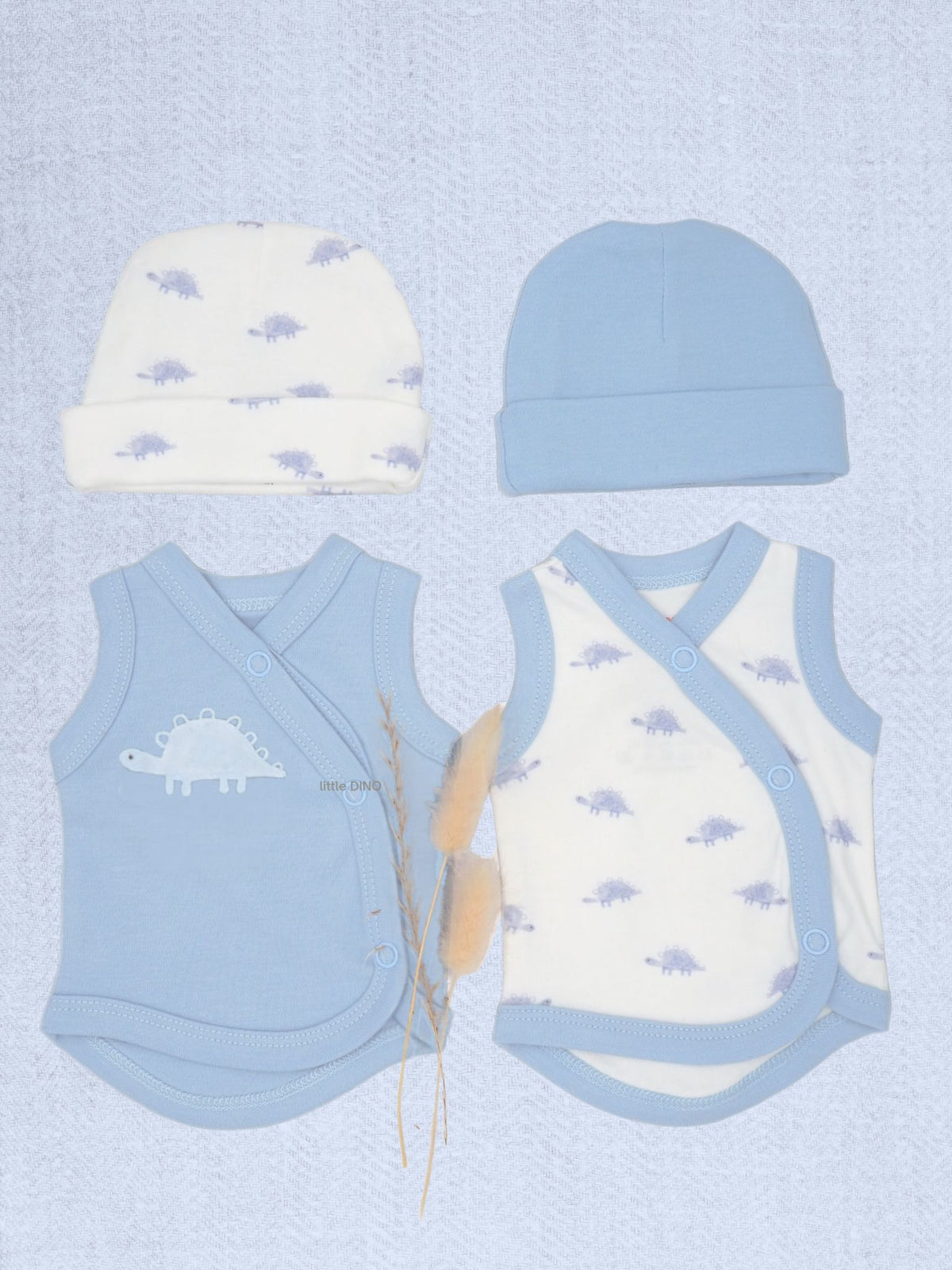 A baby clothing set laid flat on a pale blue textured background, including a light blue beanie, a cream beanie with small blue dinosaur prints, a light blue wrap vest with a dinosaur graphic, and a cream wrap vest with blue dinosaur prints and blue trim.