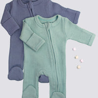 2 Pack Waffle Sleepsuits, Zip, Mitts, Feet - Blue/Mint Sleepsuit / Babygrow Little Dreamer 