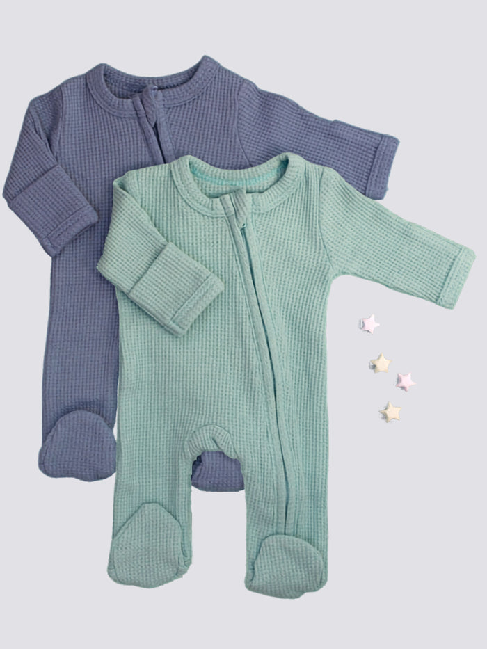 2 Pack Waffle Sleepsuits, Zip, Mitts, Feet - Blue/Mint