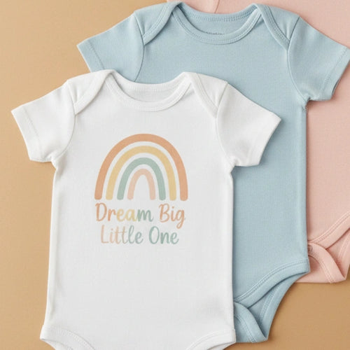 Two baby onesies, one white with a rainbow and text design, the other light blue, on a beige background.
