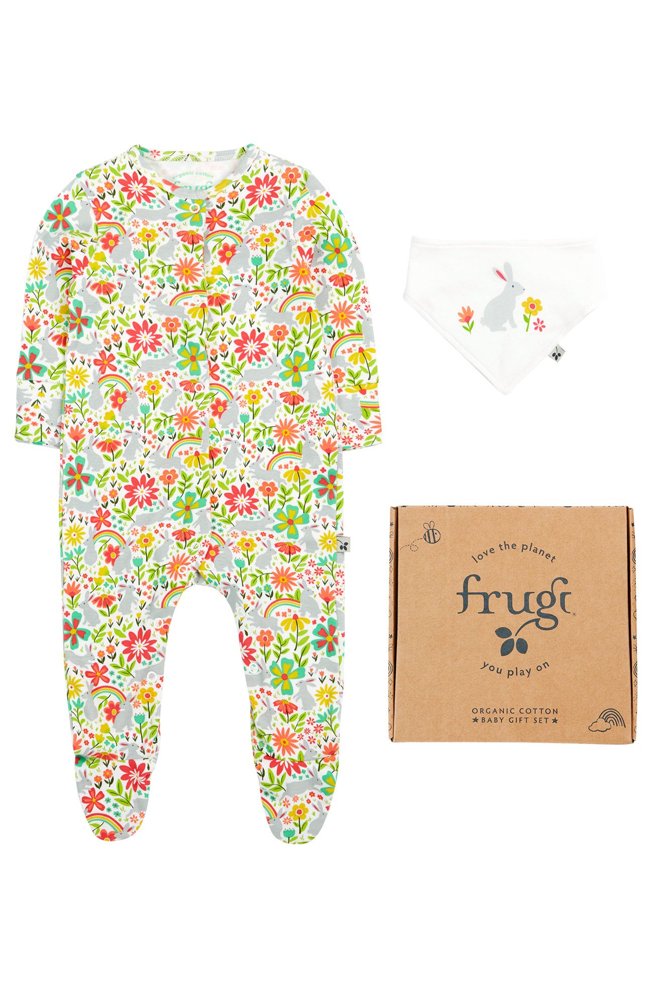 Frugi Organic Cotton White Bunny Bounce Babygrow and Dribble Bib Gift Set Sleepsuit / Babygrow Frugi 