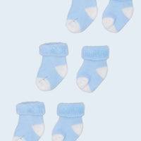 Set of three pairs of socks: Blue Body & Cream Toes and Heels Stay on Towelling Premature Baby Socks
