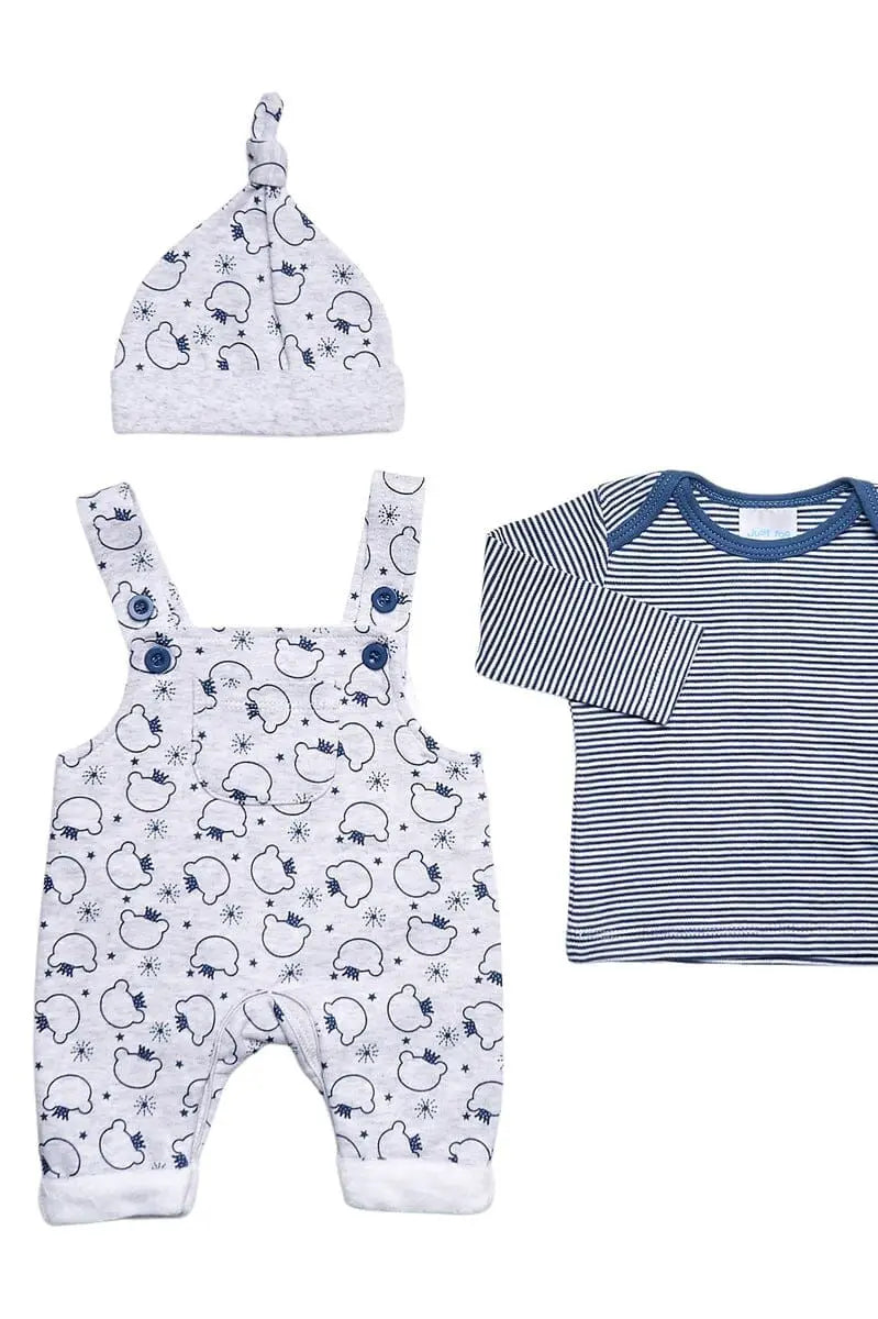 Teddy Prince 3 Piece Gift Set - Grey/Blue : Dungarees, Top & Hat Just too Cute