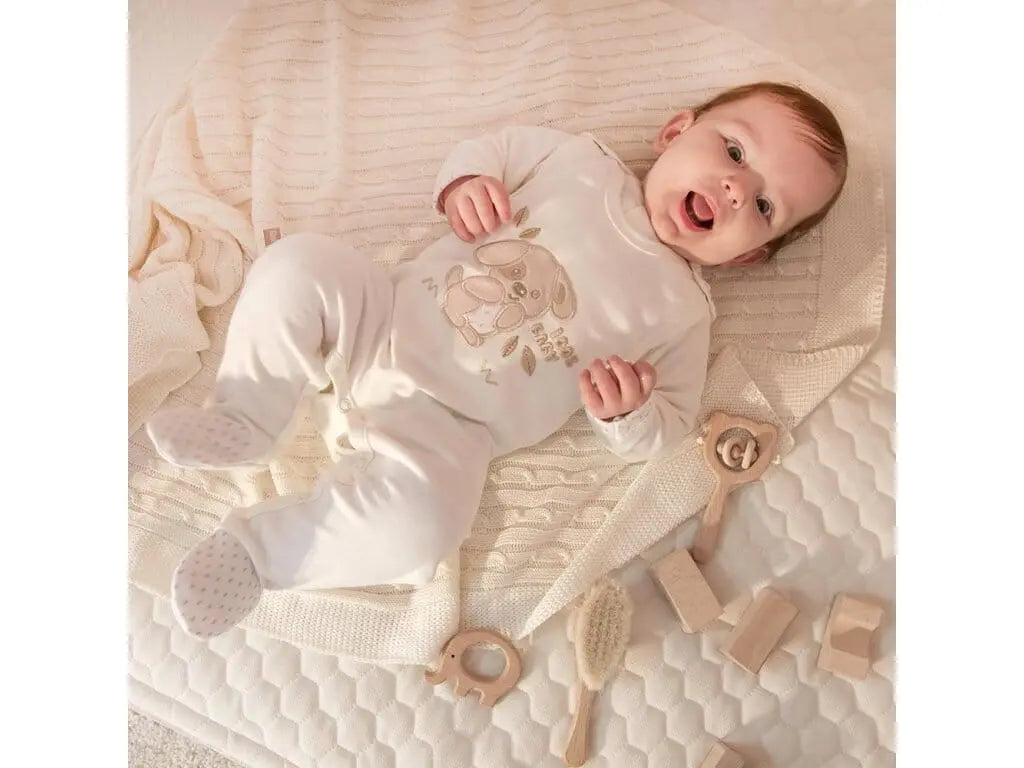 Early Baby Top & Puppy Footed Dungarees Set - Cream Dungaree EEVI 