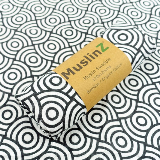 MuslinZ Bamboo/Organic Cotton Swaddle Blanket Black Swirl - 120x120cm Muslin Muslinz 
