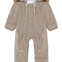 A baby's full-body fleece footed onesie in a warm taupe-beige color, featuring a hood with drawstrings and front zipper closures, shown against a plain white background.