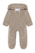 A baby's full-body fleece footed onesie in a warm taupe-beige color, featuring a hood with drawstrings and front zipper closures, shown against a plain white background.