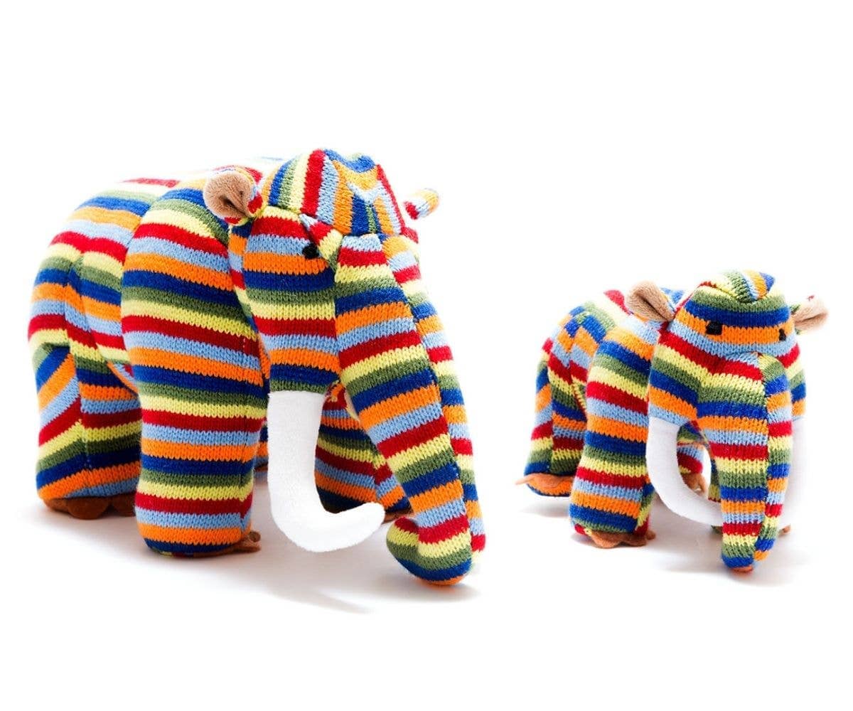 Dinosaur Baby Rattle - Knitted Woolly Mammoth Rainbow Stripe