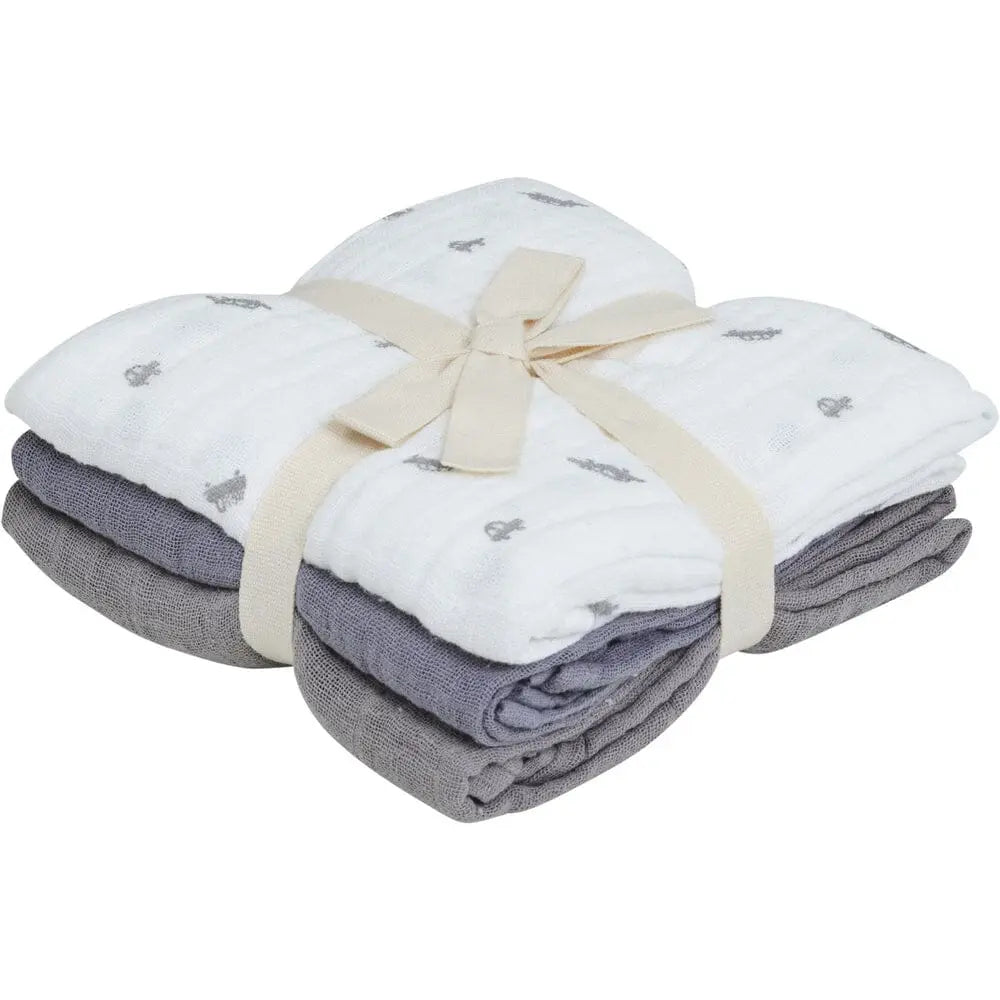 3 Pack, Organic Cotton Muslins, Cars / Grey, 65 x 65 cm Blanket Pippi 