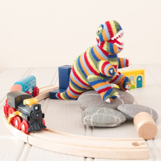 Knitted Stripe T Rex Dinosaur Baby Rattle - WAITING FOR IT TO ARRIVE! Toy Best Years 