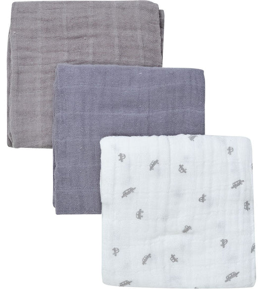 3 Pack, Organic Cotton Muslins, Cars / Grey, 65 x 65 cm Blanket Pippi 