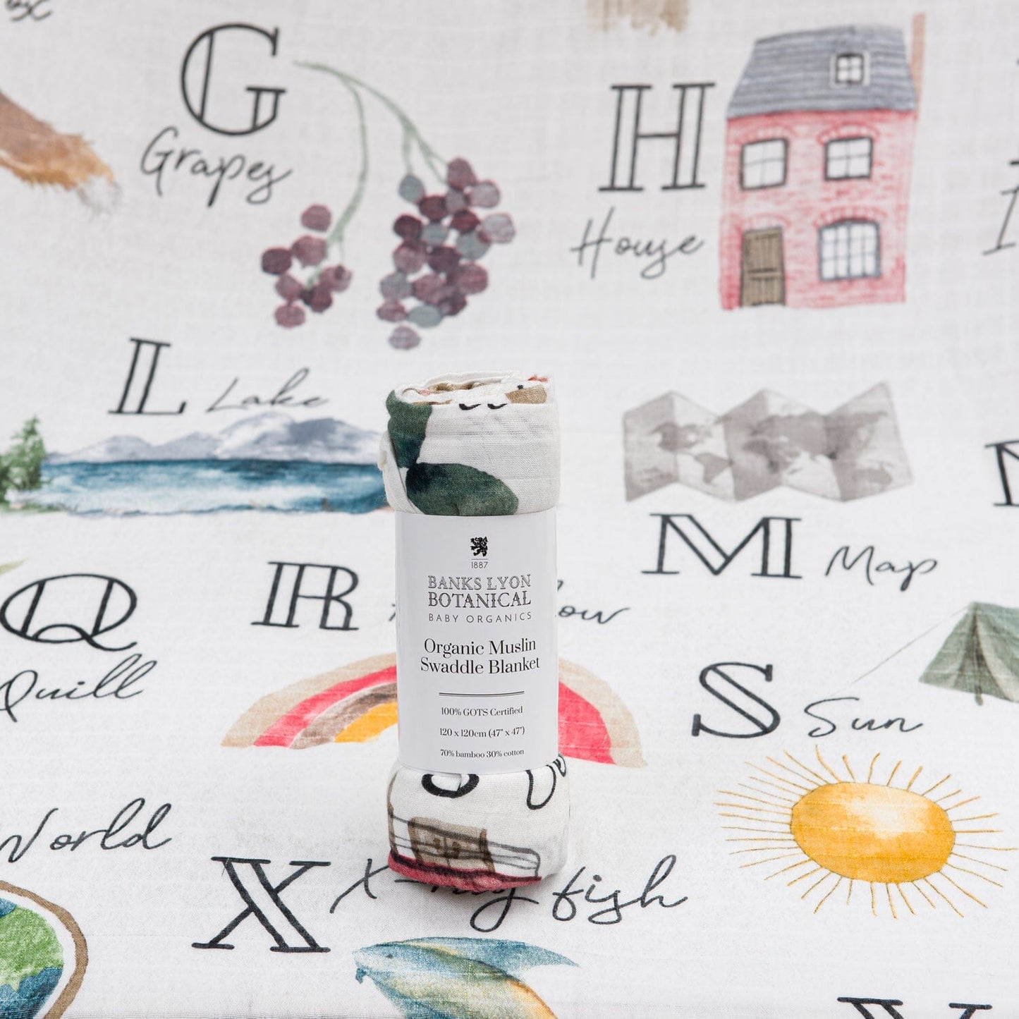 Muslin Swaddle Blanket, Organic - Alphabet Swaddle Blanket Banks-Lyon Botanical 