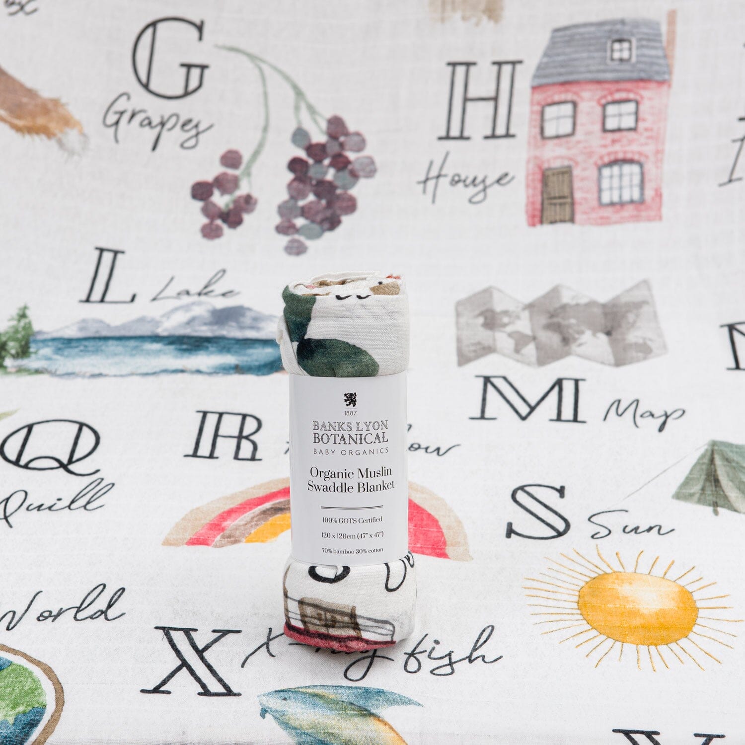 Muslin Swaddle Blanket, Organic - Alphabet Swaddle Blanket Banks-Lyon Botanical 